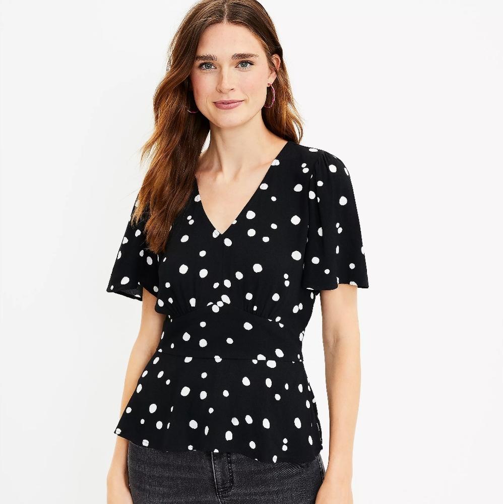 Loft Dotted V-Neck Peplum Top